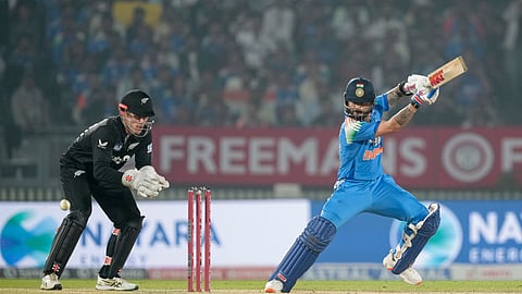 Indias Virat Kohli plays a shot during the first ODI cricket match of a series between India and New Zealand, at Kotambi Stadium, in Vadodara, Gujarat, Sunday, Jan. 11, 2026.