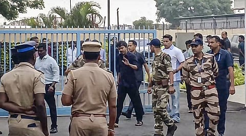 TVK chief and actor Vijay before departing from Chennai on Monday to appear before the CBI for questioning in the Karur stampede case.