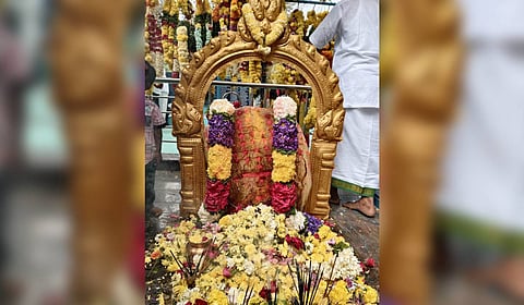 The temple has only boundary walls and no idol worship centres on the inscribed stone slab.