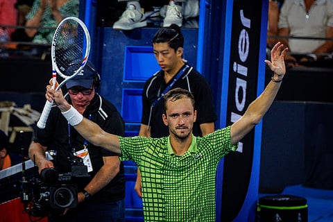 Daniil Medvedev of Russia celebrates winning the men's singles final against Brandon Nakashima of the US at the Brisbane International tennis tournament in Brisbane on January 11, 2026.