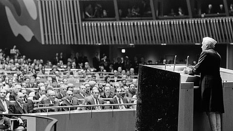 Pandit Jawaharlal Nehru addressing the General Assembly during his visit to New York in 1956