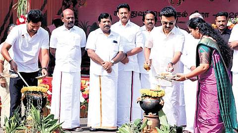 Chief Minister MK Stalin and Deputy Chief Minister Udhayanidhi Stalin celebrate Pongal festival at the Secretariat on Wednesday.