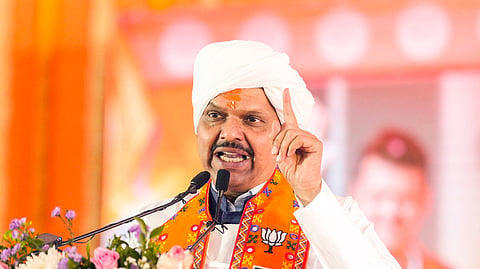 Maharashtra Chief Minister Devendra Fadnavis speaks during a BJP rally ahead of the civic body elections in Solapur.