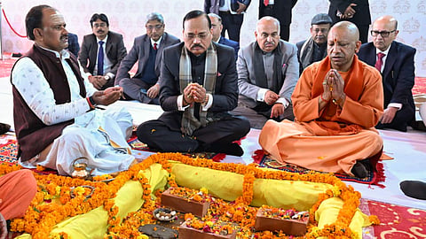 Uttar Pradesh Chief Minister Yogi Adityanath and Chief Justice of India Surya Kant during the foundation stone laying ceremony for integrated court complexes in Chandauli, Mahoba, Amethi, Shamli, Hathras, and Auraiya districts, in Chandauli, Uttar Pradesh, Saturday, Jan. 17, 2026.