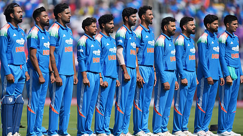 India's players stand up for national anthems before the start of the first One Day International cricket match between India and New Zealand in Vadodara, India, Sunday, Jan. 11, 2026.
