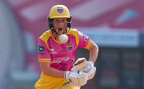 UP Warriorz's captain Meg Lanning plays a shot during the Women's Premier League (WPL) T20 match between Mumbai Indians and UP Warriorz at the DY Patil Stadium in Navi Mumbai (Photo | PTI)