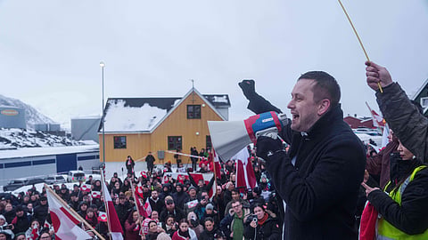 Greenlandic Prime Minister Jens-Frederik Nielsen speaks during a protest against Trump's policy towards Greenland in front of the US consulate in Nuuk, Greenland, Saturday, Jan. 17, 2026.