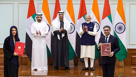 In this image received on Jan. 19, 2026, Prime Minister Narendra Modi and UAE President Sheikh Mohamed bin Zayed Al Nahyan witness an MoU exchange in New Delhi. Foreign Secretary Vikram Misri is also seen.