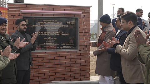 Jammu and Kashmir Lt Governor Manoj Sinha inagurating the redeveloped Amira Kadal bridge on 20, January 2026.