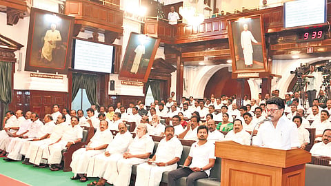 CM M K Stalin addressing the House on the first Assembly session of the new year on Tuesday.