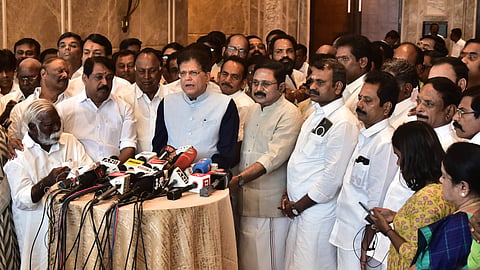 Amma Makkal Munnetra kalam founder TTV Dinakaran joints NDA alliance at the presence of Union Minister Piyush Goyal, in Chennai on Wednesday. TN BJP President Naianar Nagendran and other senior leaders are also seen