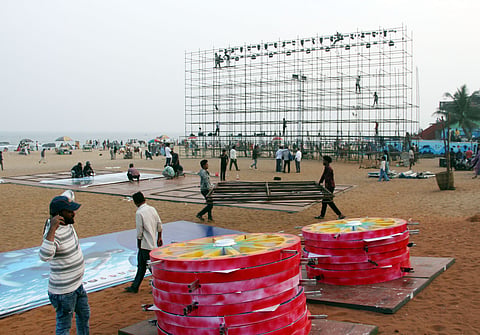 Arrangements underway for Visakha Utsav in Visakhapatnam ahead of the festival's inauguration on January 24, as preparations continue across the city at beach road on Friday.