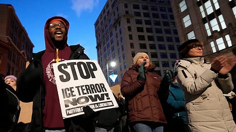 Protesters rally against the presence of U.S. Immigration Customs Enforcement in Maine, Friday, Jan. 23, 2026, in Portland, Maine.