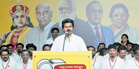 Addressing a meeting of TVK office-bearers in Mahabalipuram on Sunday, Vijay said ‘corrupt and destructive forces’ must not be allowed to rule TN