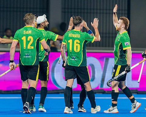 Ranchi Royals players celebrate a goal on Sunday