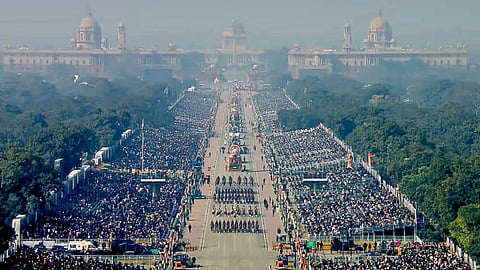 In this screengrab from a video posted on Jan. 26, 2026, an aerial view of the marching contingents during the 77th Republic Day Parade, at Kartavya Path, in New Delhi.