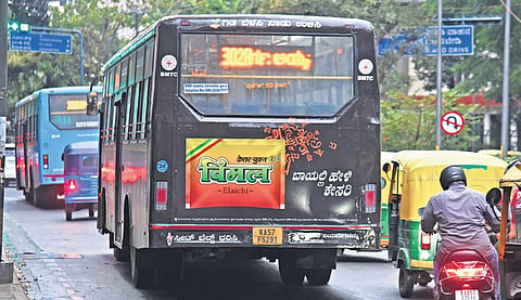 A BMTC bus displaying a gutkha ad plies in Bengaluru on Monday