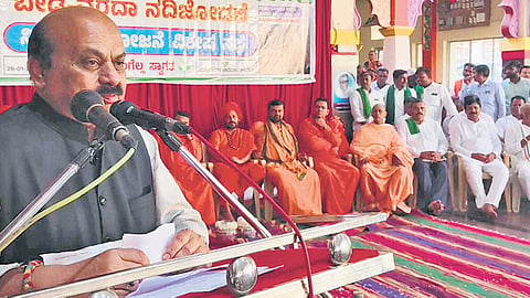BJP MP and former CM Basavaraj Bommai speaks at Hukkeri Mutt on Monday