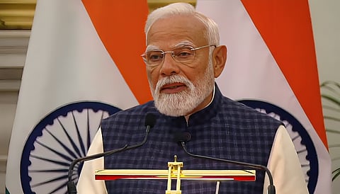 Prime Minister Narendra Modi addressing the joint press meet with European Council President António Costa and European Commission President Ursula von der Leyen.
