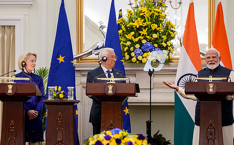 Prime Minister Narendra Modi with European Council President Antonio Costa, right, and European Commission President Ursula von der Leyen, left, during a joint press statement after their meeting at the Hyderabad House, in New Delhi, Tuesday, Jan. 27, 2026.