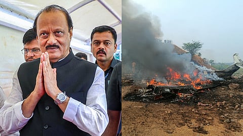 Maharashtra Deputy Chief Minister Ajit Pawar's plane in flames after it crashed during landing, at Baramati in Pune district, Maharashtra, Wednesday, Jan. 28, 2026.