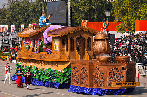 Jammu and Kashmir tableau rolls past during the 77th Republic Day Parade at Kartavya Path, in New Delhi, Monday, Jan. 26, 2026.