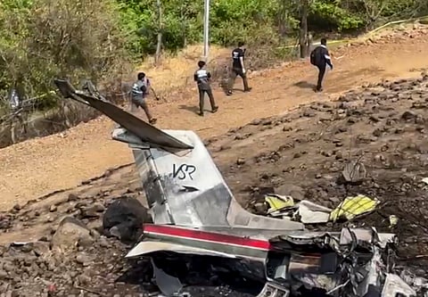 Remains of Maharashtra Deputy Chief Minister Ajit Pawar's plane that crashed during landing, near Baramati in Pune district, Maharashtra, Wednesday, Jan. 28, 2026. Pawar, along with four others on board, was killed in the crash.