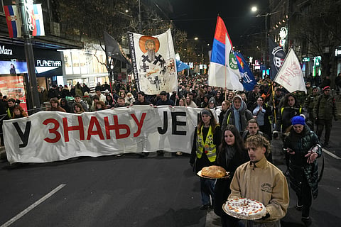 Led by university students, people attend a protest against a government crackdown on universities that have been a main force behind more than a year of protests shaking autocratic President Aleksandar Vucic's rule, in Belgrade, Serbia, Tuesday, Jan. 27, 2026.