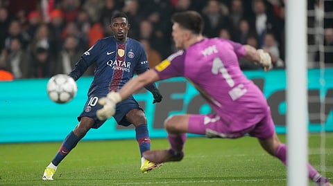 PSG's Ousmane Dembele fails to score from a penalty during a Champions League opening phase soccer match between Paris Saint-Germain and Newcastle in Wednesday, Jan. 28, 2026.