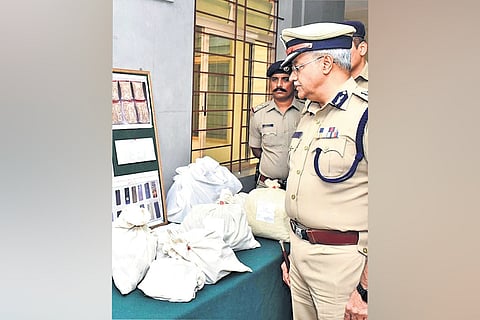 City Police Commissioner Seemanth Kumar Singh inspects the seized narcotics in Bengaluru on Wednesday