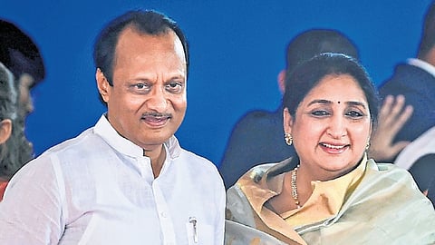 A file picture of deceased NCP leader Ajit Pawar with wife Sunetra Pawar in Mumbai.