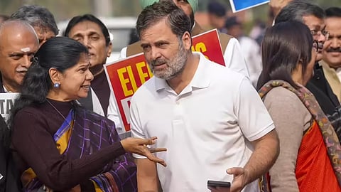 DMK MP Kanimozhi with Congress leader and LoP Rahul Gandhi.