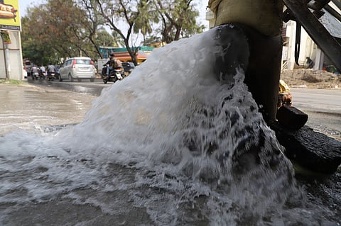A drinking water pipeline on the Kowdiar Road in Thiruvananthapuram burst out as water started gushing out on the road.