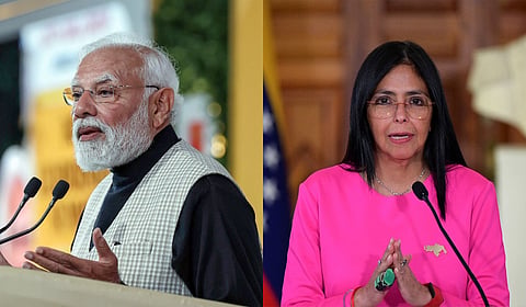 Prime Minister Narendra Modi and Acting President of the Bolivarian Republic of Venezuela, Delcy Eloína Rodríguez Gómez