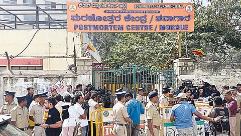 Police deployed outside Bowring Hospital mortuary where the body of Confident Group Chairman CJ Roy was kept