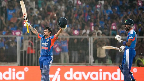 India's Ishan Kishan, left, celebrates his century with Hardik Pandya during the fifth and final T20 International cricket match between India and New Zealand, at the Greenfield International Stadium, in Thiruvananthapuram, Kerala, Saturday, Jan. 31, 2026.