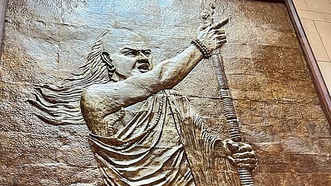 Brass mural of Chankya displayed at the south ceremonial entrance of the new Parliament building in New Delhi