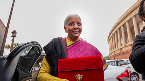Union Minister Nirmala Sitharaman arrives at the Parliament complex ahead of presenting the Budget for 2026-27 on Feb 1, 2025.