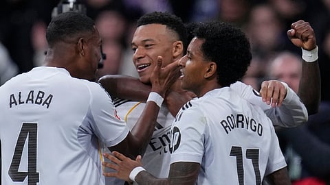 Real Madrid's Kylian Mbappe celebrates after scoring his side's second goal during the Spanish La Liga soccer match between Real Madrid and Rayo Vallecano in Madrid, Spain, Sunday, Feb. 1, 2026.