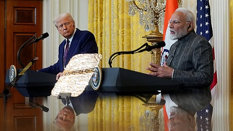 In this photo from February 13, 2025, Prime Minister Narendra Modi speaks during a joint press statement with US President Donald Trump after their meeting at the White House, in Washington.