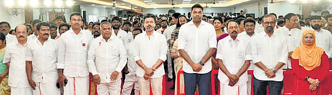Actor Vijay and TVK members at the party’s second anniversary celebrations in Chennai on Monday
