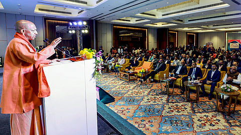 Uttar Pradesh Chief Minister Yogi Adityanath addresses the gathering during the inauguration of the 'Uttar Pradesh Pharma Conclave 1.0', in Lucknow, Tuesday, Feb. 3, 2026.