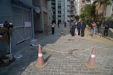 The spot where three minor sisters jumped to death from the ninth floor of an apartment building in a housing society in Ghaziabad.