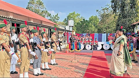 Higher Education Minister R Bindu receiving a guard of honour by
NCC cadets during an event in the capital on Wednesday