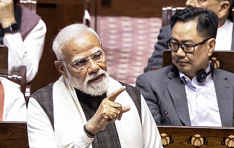Prime Minister Narendra Modi replies to the Motion of Thanks to the President's address in the Rajya Sabha during the Budget session of Parliament, in New Delhi, Thursday, Feb. 5, 2026.