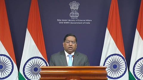 External Affairs Ministry spokesperson Randhir Jaiswal speaking at a weekly media briefing.