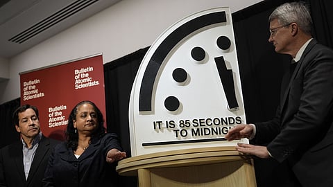 The Bulletin of the Atomic Scientists members revealing the Doomsday Clock, set to 85 seconds to midnight, during a news conference in Washington DC last month