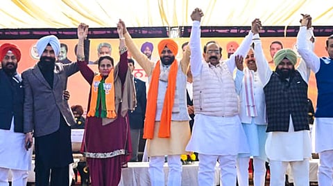 Haryana Chief Minister Nayab Singh Saini and other BJP leaders at gathering in Panjola-Sanaur (Patiala), Punjab.