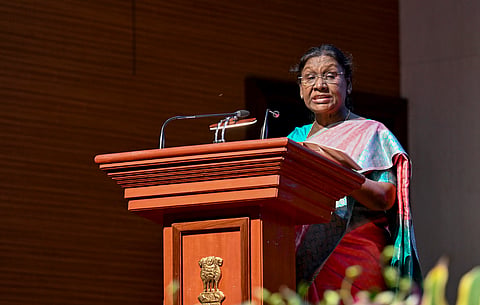 In this image received on Feb. 6, 2026, President Droupadi Murmu addresses a gathering during the 'Black Swan Summit' organised by the Government of Odisha in collaboration with Global Finance and Technology Network, in Bhubaneswar, Odisha.