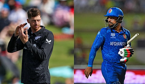 New Zealand captain Mitchell Santner (L) and his Afghanistan counterpart Rashid Khan.